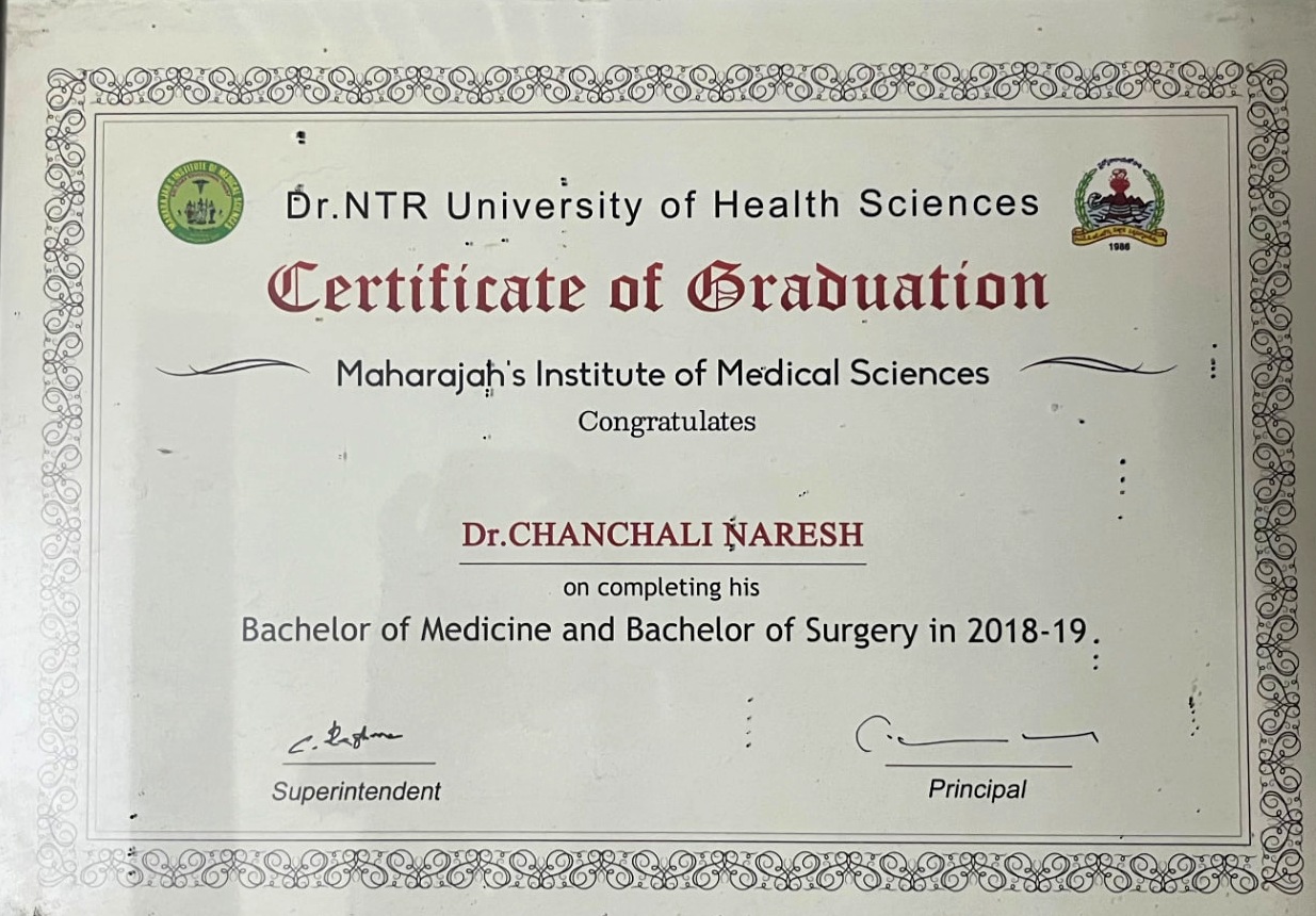 MBBS Certificate of Graduation awarded to Dr. Chanchali Naresh by Dr. NTR University of Health Sciences