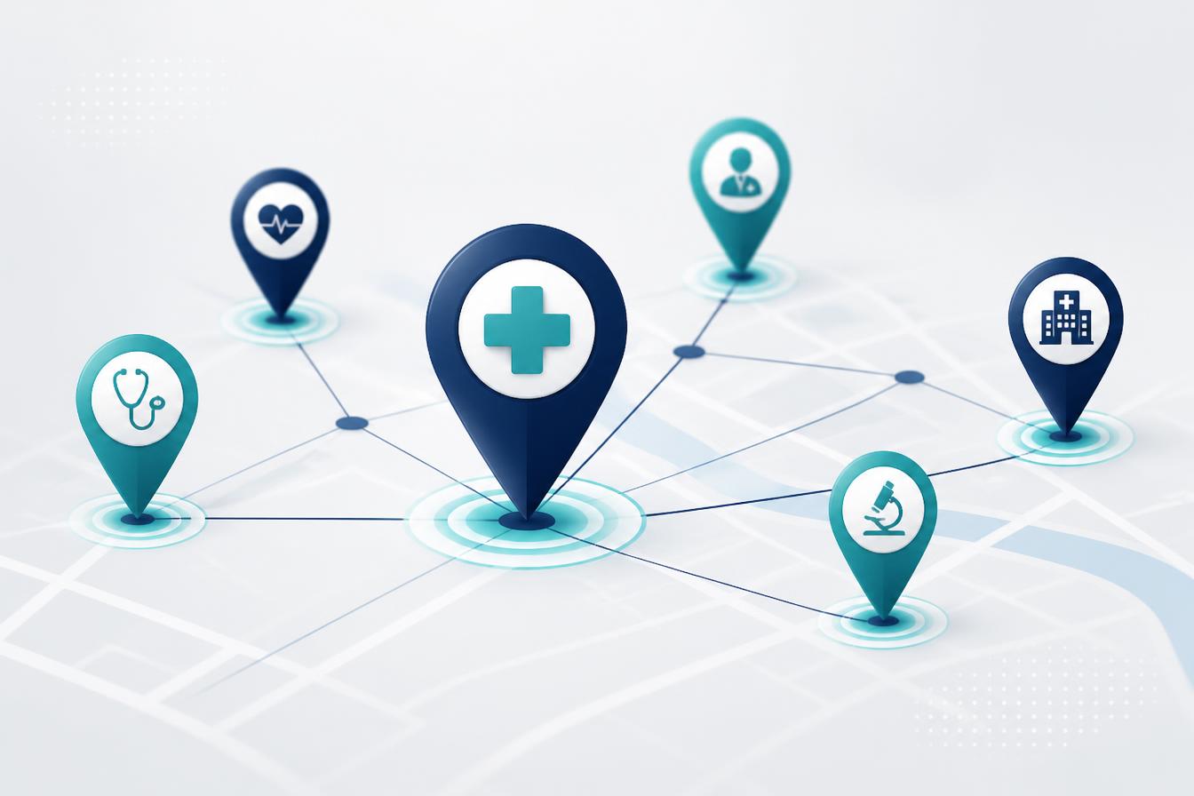 Abstract map showing connected healthcare consultation points across Secunderabad